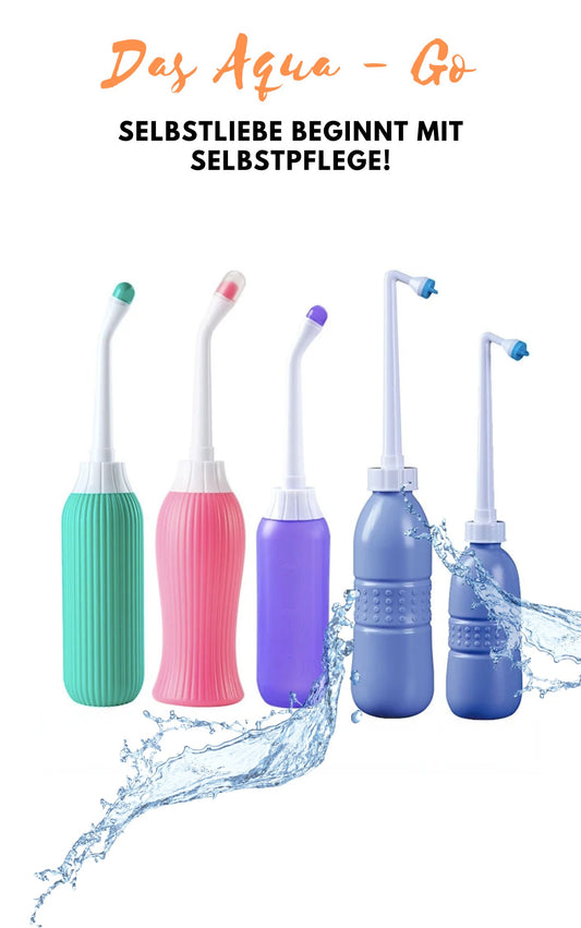 das Aqua Go - kompakt und flexible Po- und Hygienedusche mit 400-650ml Fassungsvermögen. Nutzbar für Babys, Erwachsene